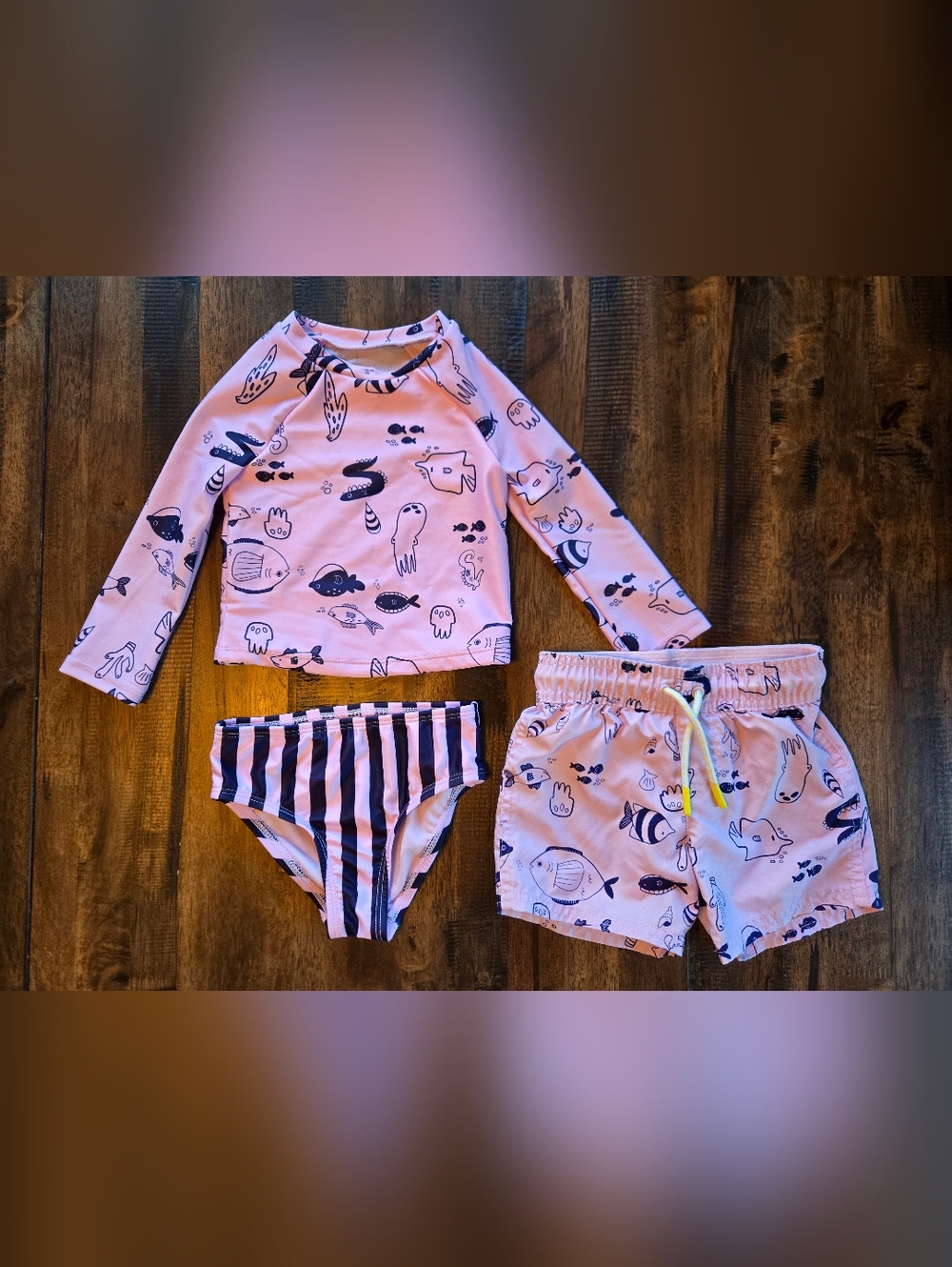 Pink Navy Kids Rashguard Set with Striped Bikini Bottoms PLUS Matching Shorts